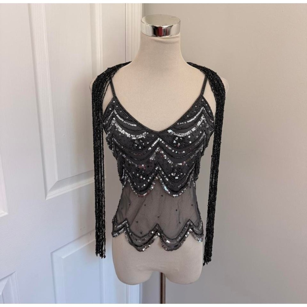 Y2K GREY BEBE BEADED SEQUIN MESH SCALLOPED TANK TOP AND SCARF